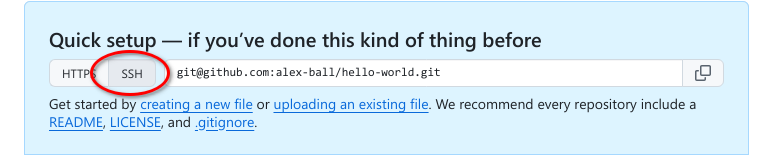 The repository set up page in GitHub showing the SSH address to use.