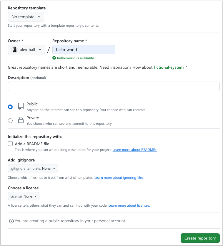 The 'create a new repository' form on GitHub