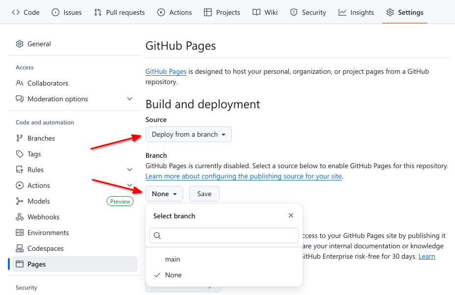 GitHub Pages source branch menu