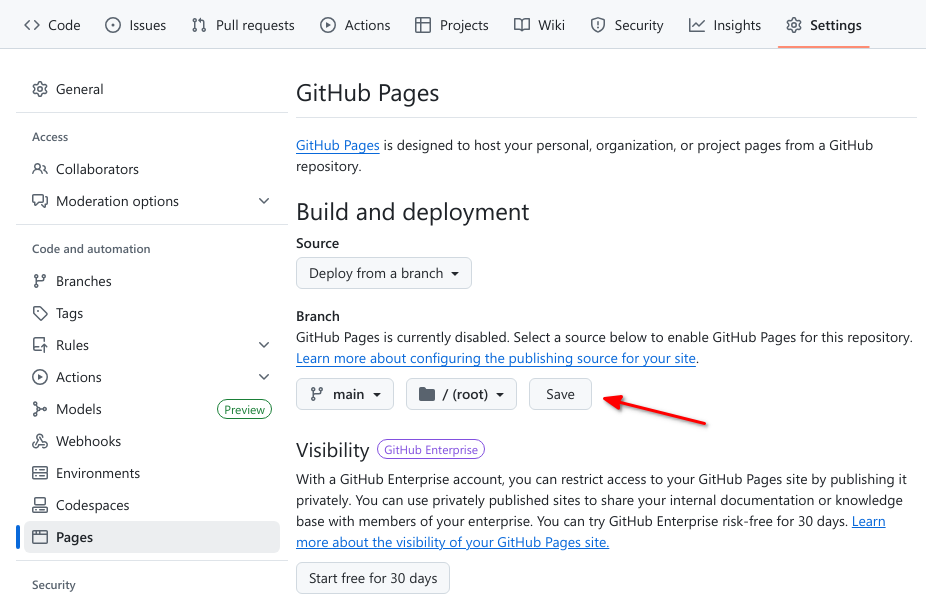 GitHub Pages source branch save